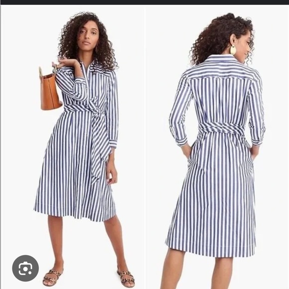 J.Crew NWT Stripe Tie-Waist Shirtdress Blue and White Size 4 - Picture 1 of 8